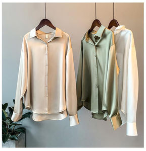 长袖缎面垂坠凉爽纯色衬衫女式休闲衬衫上衣时尚 - Product Image 6