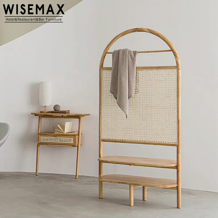 WISEMAX FURNITURE高品質の日本の木製スタイルの仕切りスクリーンモダンな装飾ダブルシェルフ籐スクリーン