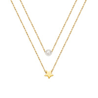 Collier double couche en acier inoxydable plaqué or BJG0510N18K avec pendentif étoile et imitation perle pour femme