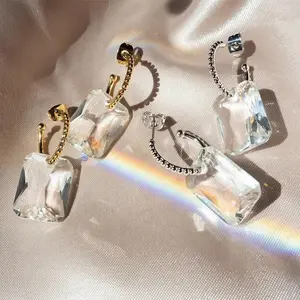 2023 INS New 18k Gold Real Plated Stainless Steel Earrings Jewelry glass square earrings C- shaped Crystal Earring