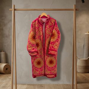 Custom Luxury Handcrafted Hot Pink <b>Velvet</b> Embroidered Long <b>Coat</b> Traditional Uzbek Suzani Bohemian Floral Design Winter <b>Women</b> - Product Image 1