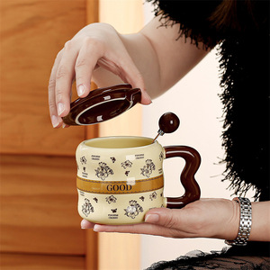 Taza de Cerámica Floral Retro con Tapa de 350 ml para Café, Té, Uso en Casa y Oficina - Product Image 3