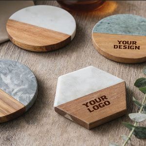 Sous-verres promotionnels en marbre et bois d'acacia avec logo personnalisé pour la cuisine, les tasses, les boissons, la maison, le bureau, cadeau de Noël - Product Image 1