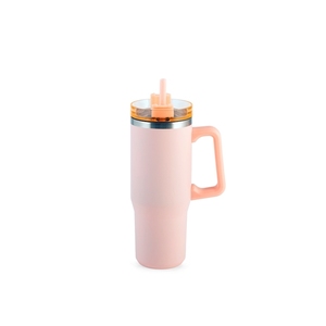 Gobelet isotherme rose en acier inoxydable à double paroi de 0,9 L avec paille et poignée pour boissons froides en voyage - Product Image 1