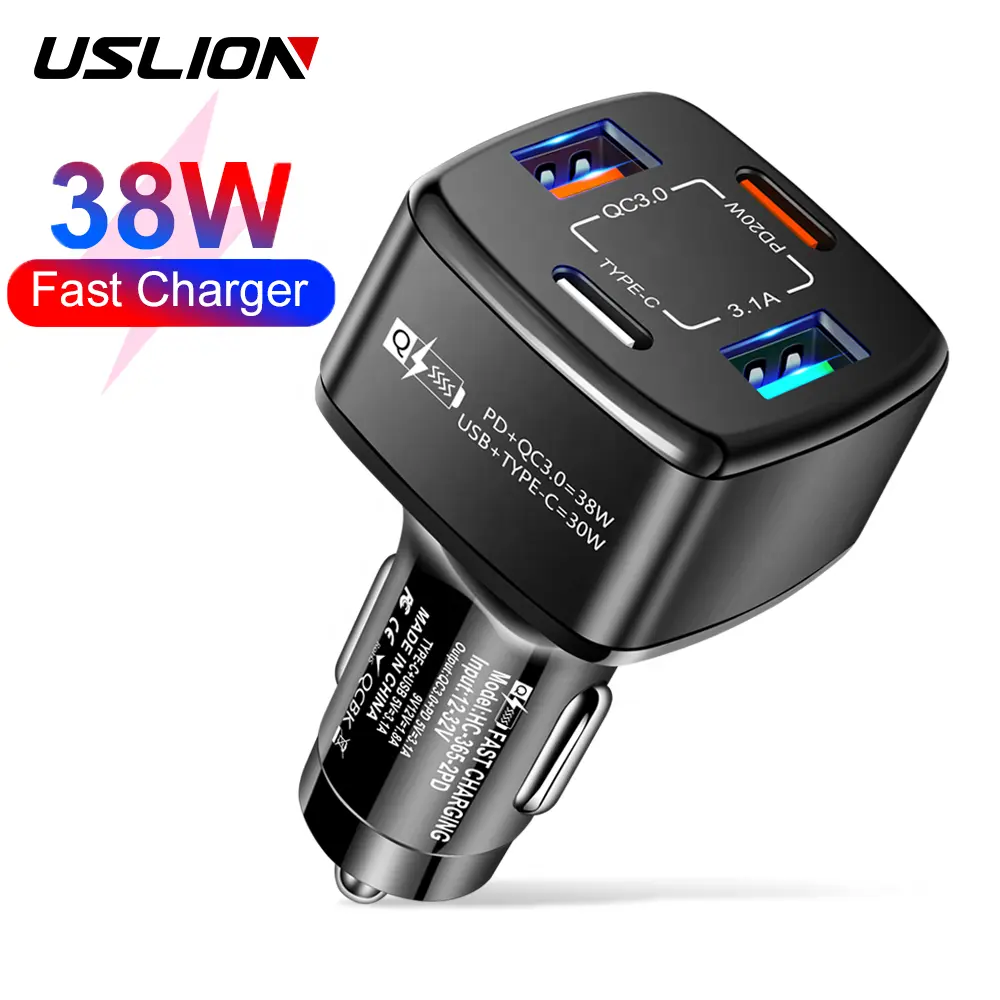 USLION Bộ Sạc Xe Hơi 38W Bộ Sạc Du Lịch Thông Dụng 2 Cổng + 2USB 18W QC3.0 + PD 20W 4 Cổng Sạc Điện Thoại Di Động Sạc Nhanh Cho Iphone 14 13 12