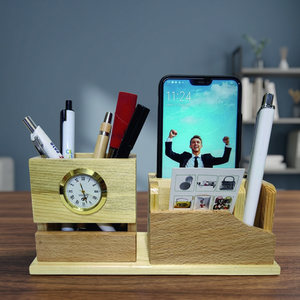 Organizador de escritorio de madera con reloj, soporte para teléfono y portalápices, regalo de oficina multifunción, estilo sencillo - Product Image 3