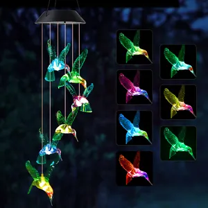 Venta al por mayor directa de fábrica Venta caliente LED Solar Colibrí Campanas de viento Función de iluminación Decoración de jardín Regalos ODM OEM Soporte