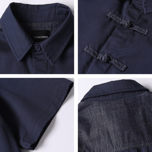 Camicia da uomo in denim di seta a maniche corte, stile giapponese retrò etnico; Vestibilità rilassata, nuova chiusura con bottoni alla coreana in stile cinese - Product Image 5