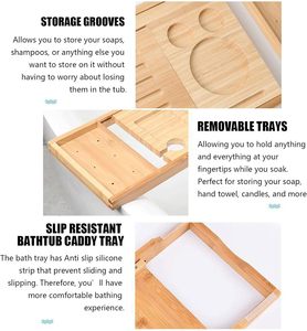 Organisateur de salle de bain en bambou avec support pour livre, tablette, verre à vin, tasse, serviette, plateau de bain, plateau de baignoire, convient à la plupart des baignoires - Product Image 6
