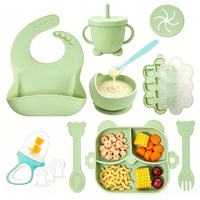 Ensemble de vaisselle pour enfants en silicone de qualité alimentaire, comprenant une assiette à ventouse, un bol, une cuillère, une tasse et un bavoir pour l'alimentation des bébés