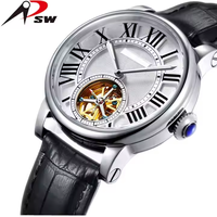 Montre mécanique en cuir pour homme, squelette, avec boucle en acier inoxydable, verre minéral, perle, mode unisexe, personnalisable