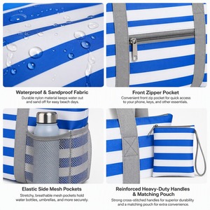 Sac de plage pliable rayé imperméable avec logo personnalisé, sac de piscine 2-en-1 en nylon rayé avec petite pochette, vente en gros directe d'usine OEM - Product Image 3