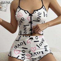 Ensemble de pyjamas pour femmes taille élastique ensemble de vêtements de nuit en forme de coeur imprimé sans manches Shorts doux vêtements de maison pour l'été et l'automne