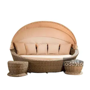 Round PE Rattan Daybed With Retractable Canopy indoor and outdoor furniture