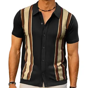 SD Hombres Botón Abajo Polos Suéter de punto de ganchillo suave Camisetas Casual Colorblock Rayas Cuello en V Camiseta de manga corta