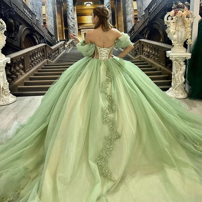 Glittering Green Sweetheart Quinceanera Dress Off Shoulder