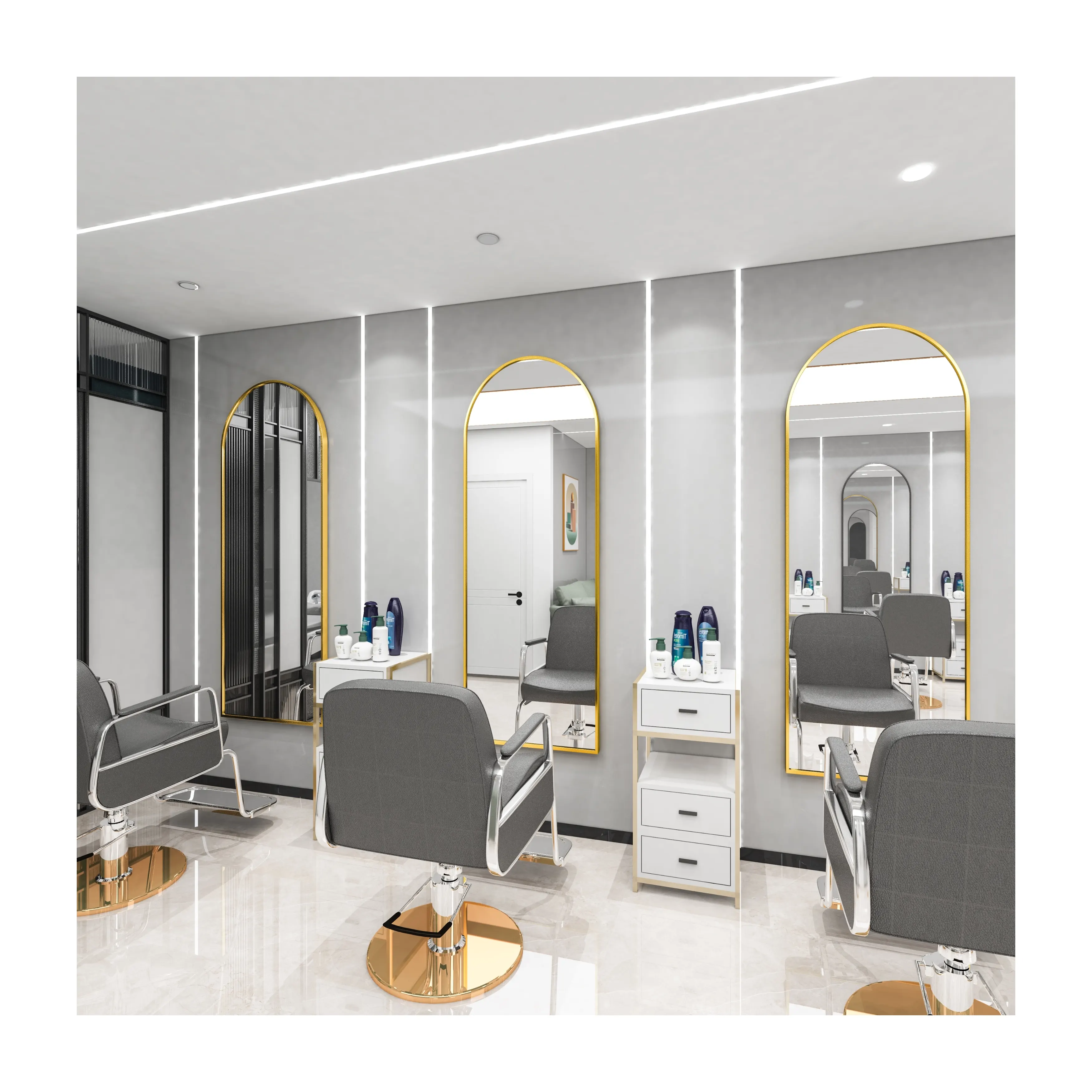 Factory Custom Barber Station Mirror Cabinet Hair Beauty Salon Furniture Full Length Floor Hair CutWall Salon Mirror