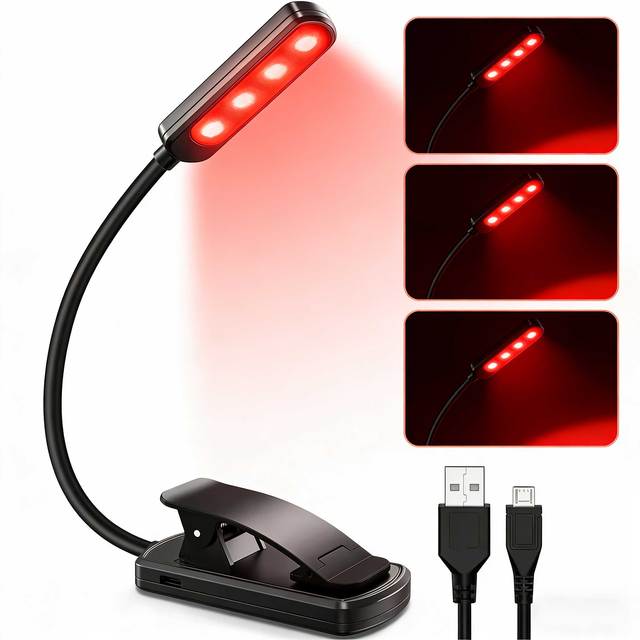 3-Mode Red Light Clip-On Reading Light, USB Rechargeable Eye-Care Book Lamp for Night Reading, Travel and Bedside