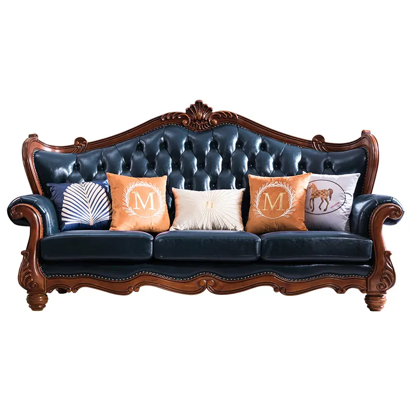 Luxus Royal Classic Style Massivholz Leder Stoff Sofa Set für Wohnzimmer N416