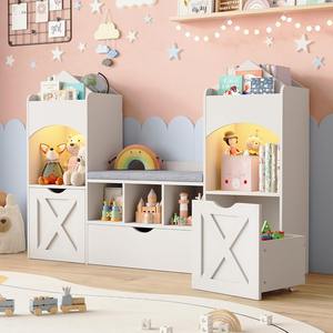 Étagère à livres pour enfants, coin lecture, rangement pour jouets, étagère de rangement avec coussin de siège, lumières LED et tiroirs mobiles pour salle de jeux - Product Image 1