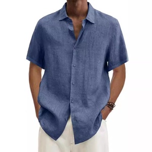 2024 camisa informal de verano de algodón y lino con cuello en V para hombre transfronterizo Color puro de Aliexpress Wish for Amazon - Product Image 4