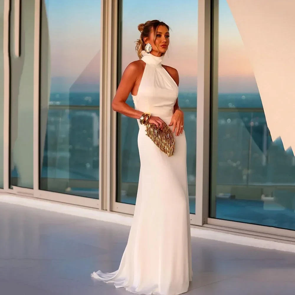 cream maxi beach dress A-Line Halter Sleeveless Chiffon Long Beach Wedding Dress with Lace Custom Size / Custom Color main image 0