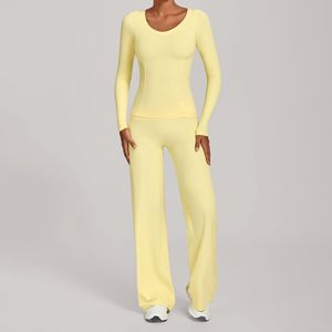 Hot Bán Chạy Yoga Quần Áo Tập Thể Dục Yoga Mặc 2 Mảnh Thể Thao Thiết Lập Dài Tay Vòng Cổ T Áo Sơ Mi Flare Xà Cạp Tập Thể Dục Bộ - Product Image 5