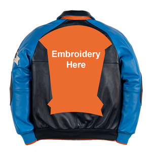 Men's Blue Black PU Leather Bomber Jacket With Embroidery Front Style Turn-down Collar Zipper Closure - Product Image 2