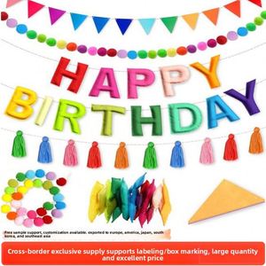 Colorful Party Decoration Happy Birthday <b>Felt</b> Banner Garland With Pom Balls and Triangle Pennant Flags - Product Image 3
