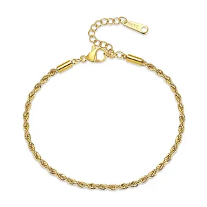 Cheap Waterproof 3mm Twisted Rope Chain Bracelet 18K Gold Plated Stainless Steel Fashion Jewelry para Mulheres