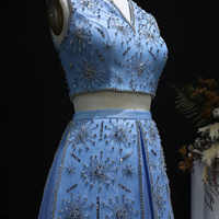 Jancember LSZ597 Ensemble classique bleu 2 pièces Cristal Volants Soirée Bal Vestido De Noite