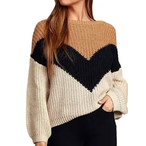 Grosir Sweater Wanita Rajut Pullover Rajutan Wanita Blok Warna Sweater Wanita Bentuk V Leher Bulat Tidak Beraturan Bergaris