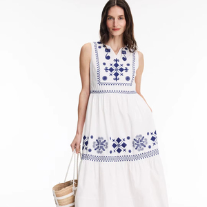 Vestido de Verano Personalizado para Mujer, Estilo Halter, Manga Corta, Fluido, Blanco, Largo, 100% Algodón Tejido, Cintura Natural, Bordado a Máquina - Product Image 1