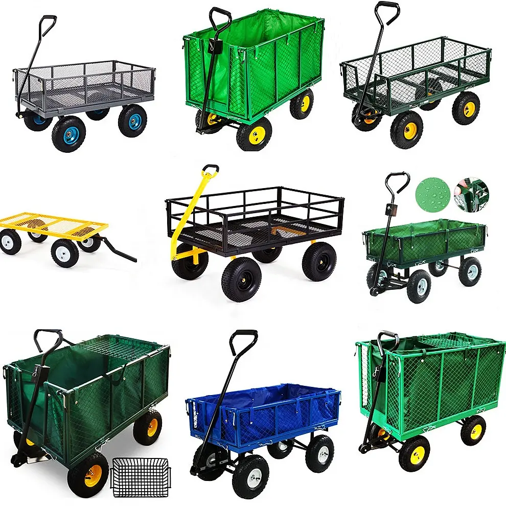 Garden Cart Wagon Heavy Duty Mesh Steel, Utility Wagon Cart with Tire Pump , Yard Cart with Removable Sides