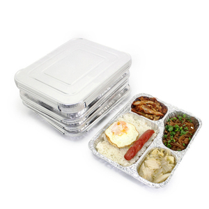 Multi-Section Aluminum Takeout Box - 22.7*17.7*3cm Leakproof Food <b>Container</b> for Catering 4 Cavities, Lids Included - Product Image 1