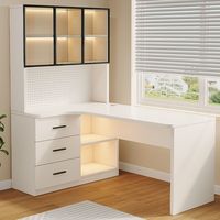 Bureau en L multifonctionnel en MDF crème avec tiroir perforé, bibliothèque intégrée pour la maison, la chambre, le bureau d'étudiant