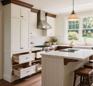 SANTOPOVA Farmhouse Style Solid Wood Tone <b>Kitchen</b> <b>Cabinets</b> with Open Shelving and <b>Soft</b>-<b>Close</b> Drawer System - Product Image 4