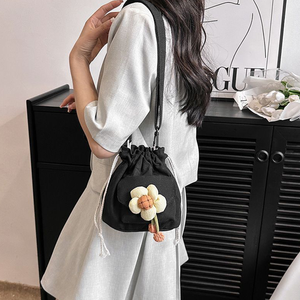 한국 미니 졸라매는 끈 버킷 캔버스 메신저 가방 귀여운 꽃 여성 크로스 바디 백 천 숄더 백 - Product Image 1