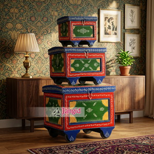 Indian <b>Wooden</b> Rajasthani Hand Painted Set of 3 Trunk <b>Boxes</b> Ornaments Storage Box <b>Small</b> Cloth Organizer For Living Room - Product Image 6