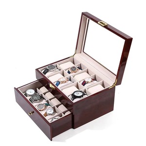 Boîte à montres personnalisée de 20 pièces, finition piano rouge vin polie, avec peinture à grain de bois - Étui de rangement haut de gamme pour montres - Product Image 4