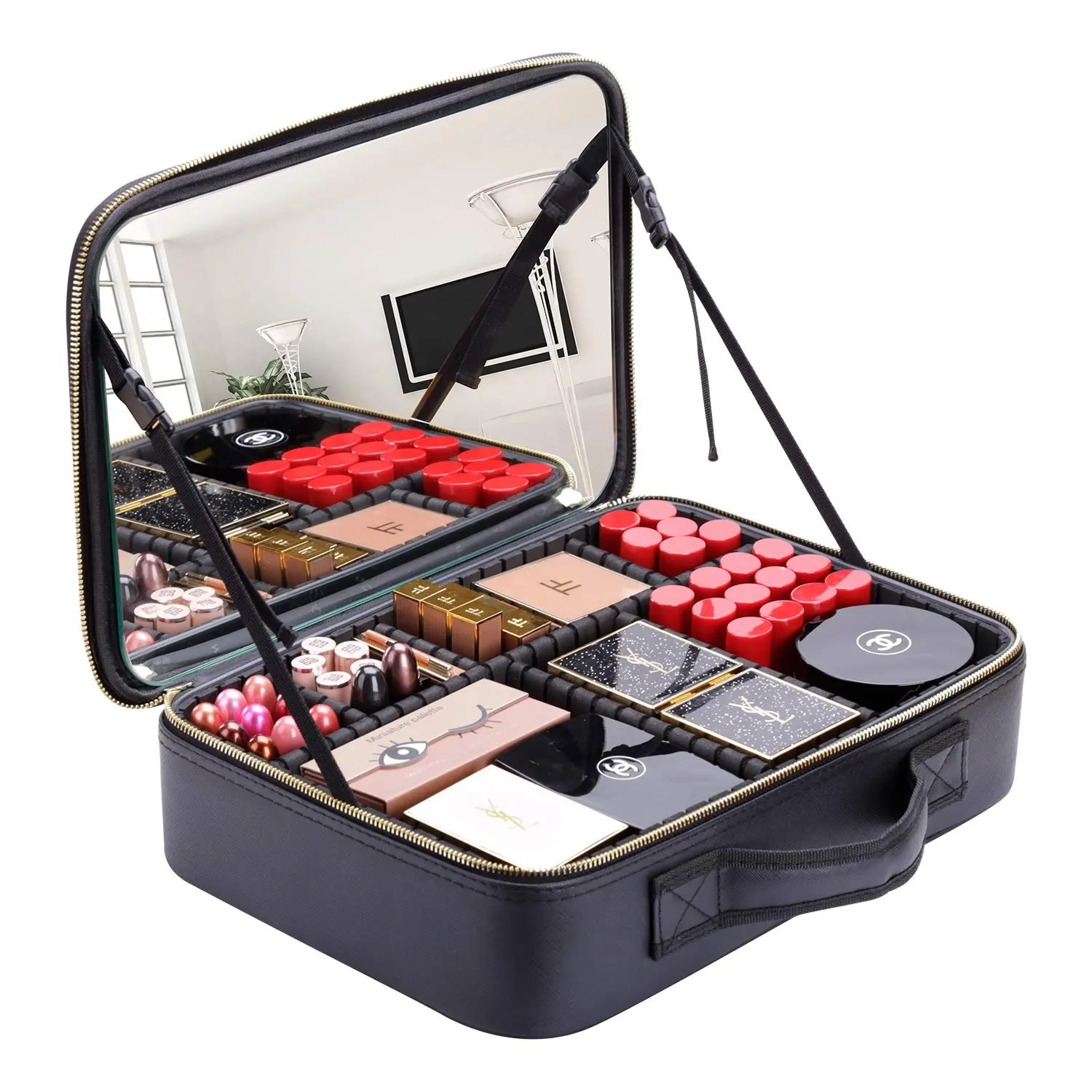 Professional Custom Large Capacity Travel Organizer Portable Storage Makeup Brushes Toiletry Box Cosmetic Bags with mirror
