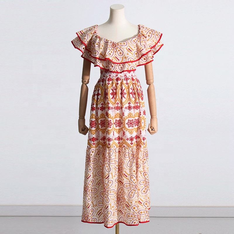 Elegant One Line Neck Sexy Women's Summer New Ruffle Edge Off Shoulder  Dress Embroidered Casual Dress