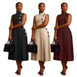 S10993 Trendy Summer Dresses Women Casual Elegant High Waist Stand Collar Sleeveless Office Lady Dress for Women With Button - Product Image 1