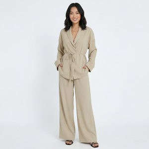V-hals damesblouse, elegante lange mouwen, bijpassende stijlvolle wijde broek, 2-delige set, los, zomer, milieuvriendelijk, ademend - Product Image 1