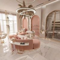 Mobilier de salon de beauté et spa personnalisé, design d'intérieur complet, style rose, présentoirs, miroirs muraux personnalisés