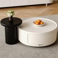 Ensemble de tables basses Lumio en blanc crème, durables, avec table d'appoint noire, style moderne minimaliste, tiroirs gigognes pour salon