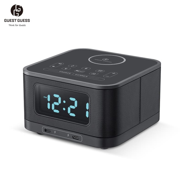Guest Guess High Quality Electric Metal Hotel Bedroom Digital Alarm Clock Bluetooth Speaker Fast Charging Wireless Charger for