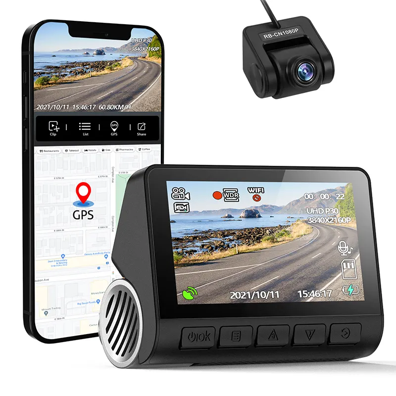Novatek 96670 निजी मोड 4K कार Dashcam जीपीएस वाईफ़ाई और 1080P रिवर्स कैमरा Dashcam के साथ दोहरी कैमरा कार ब्लैक बॉक्स