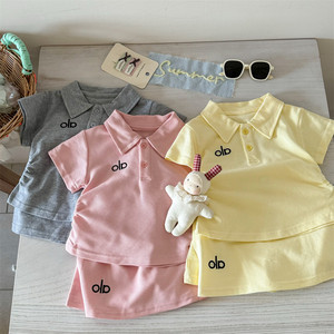 Tongxingyuan Girls Summer Set Polo <b>Top</b> Skirt Cotton Two Piece Outfit Solid Color Letters Thin Fabric - Product Image 2