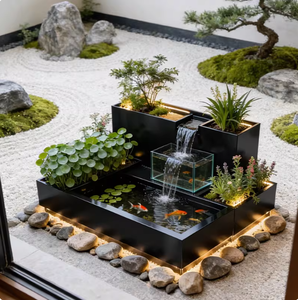 Fontaine d'eau moderne en acier inoxydable RGB avec cascade en verre, bac à fleurs personnalisable pour terrasse extérieure, cour et aménagement paysager - Product Image 2